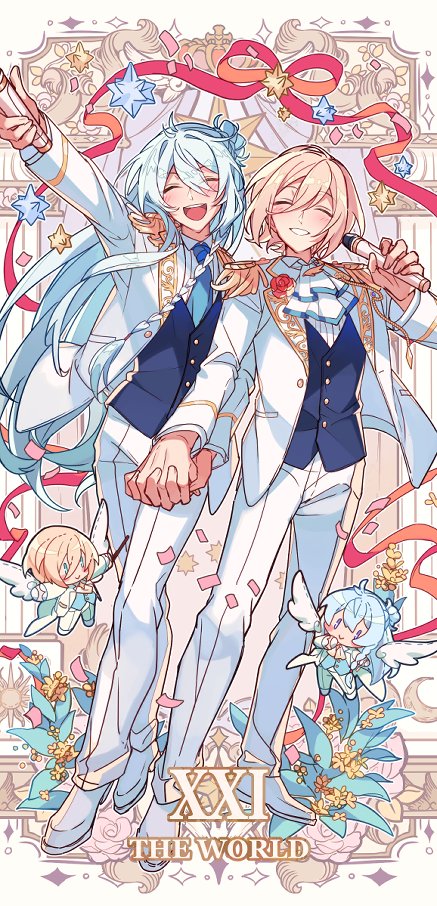 2boys, ascot, blonde_hair, blue_ascot, blue_hair, blue_vest, chibi, closed_eyes