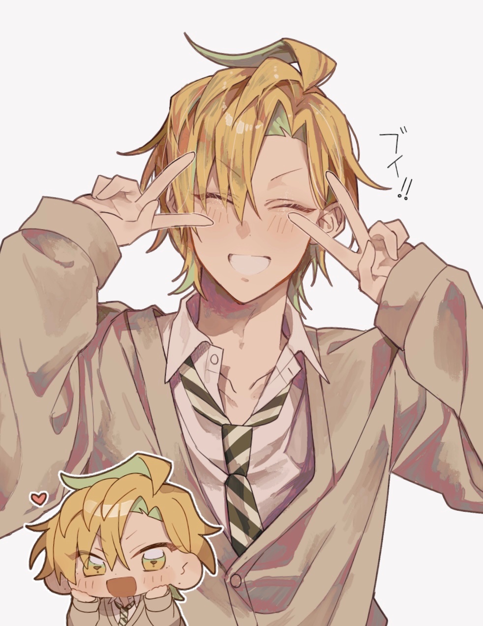 1boy, ahoge, blonde_hair, brown_cardigan, cardigan, chibi, closed_eyes, collared_shirt