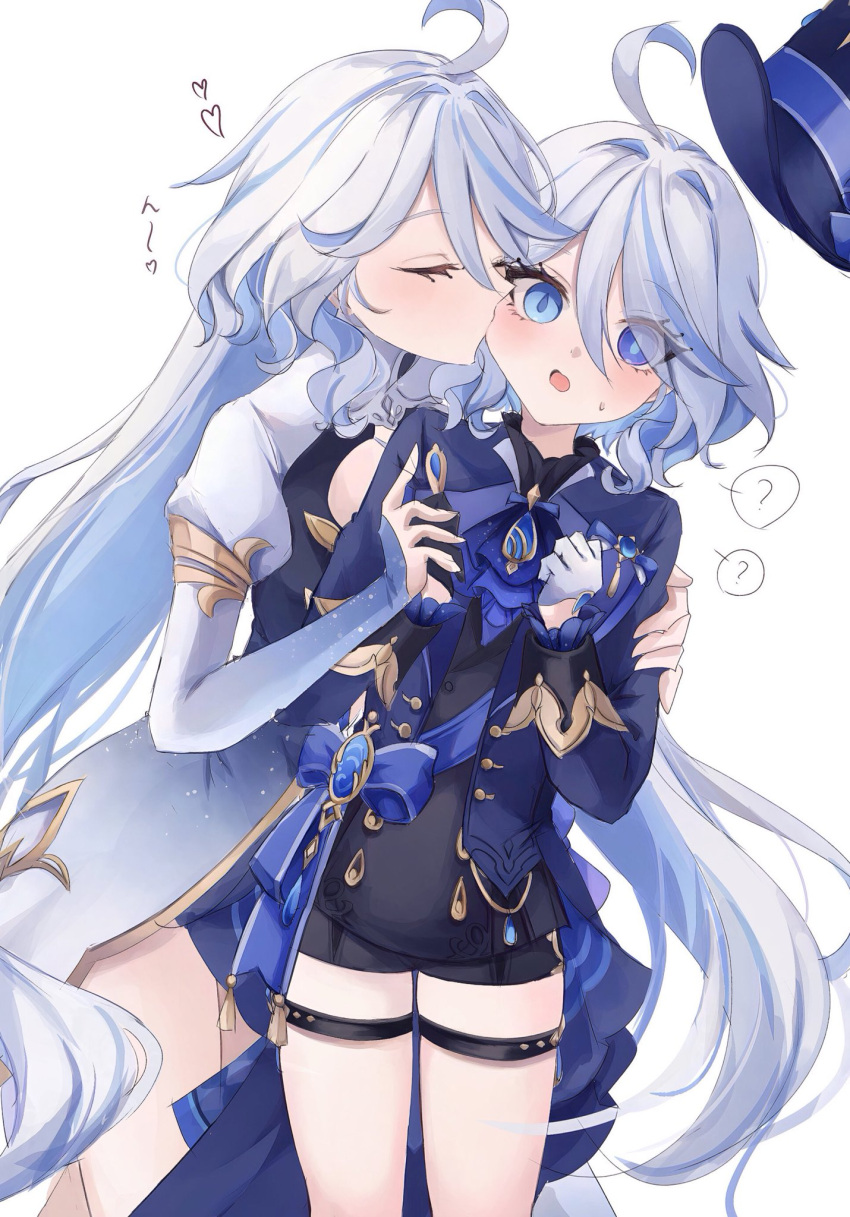 2girls, ahoge, ascot, asymmetrical_gloves, black_gloves, blue_ascot, blue_brooch, blue_eyes