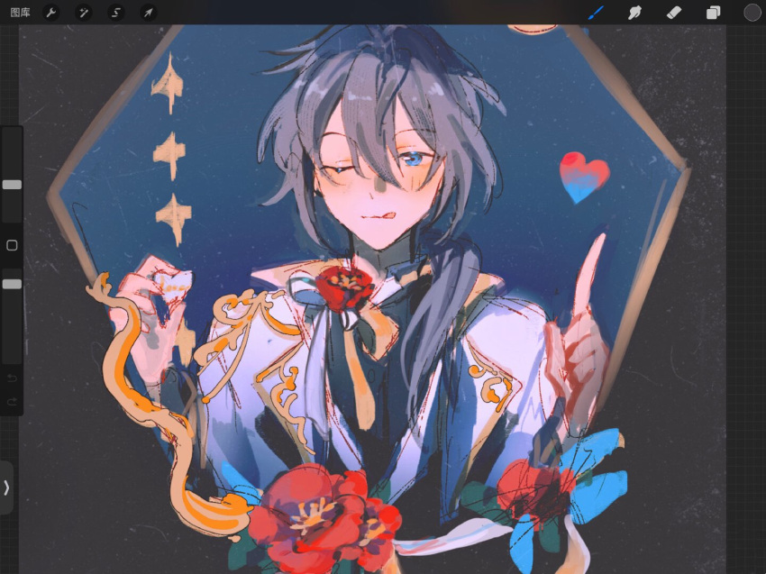 1boy, black_shirt, blue_eyes, ci_(scian), ensemble_stars!, flower, grey_hair, heart