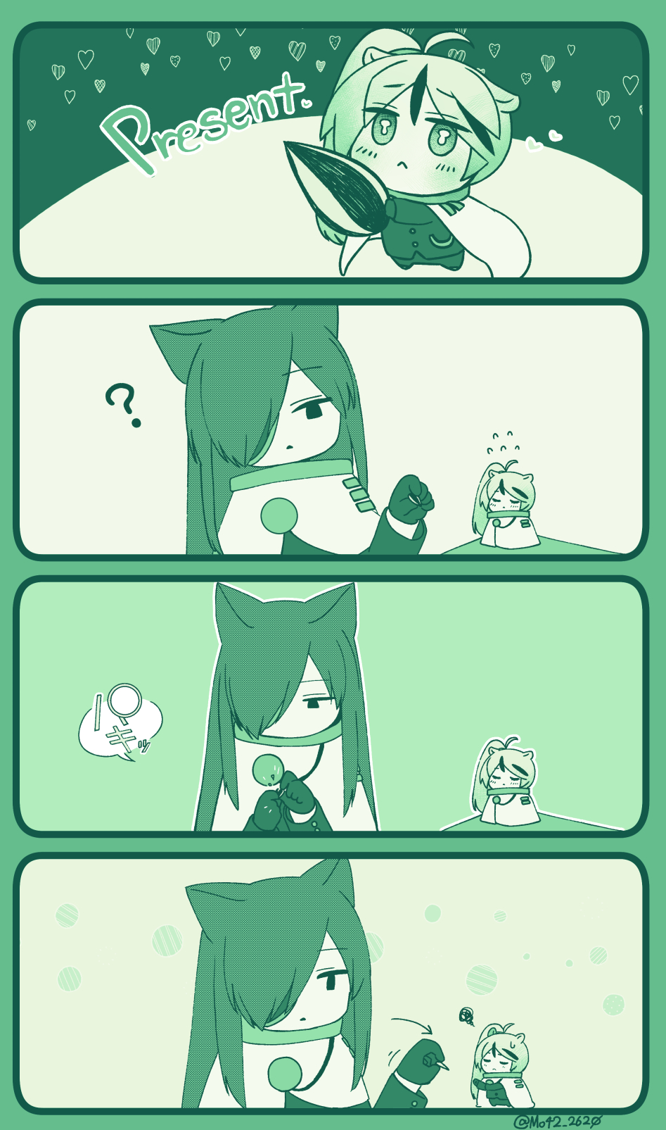 2boys, animal_ears, blush, cape, cat_ears, esther_(project_moon), gift, gloves