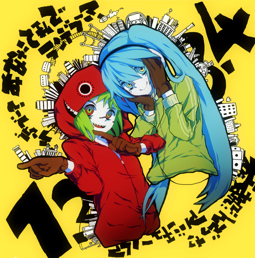aqua_eyes, aqua_hair, gloves, green_eyes, green_hair, gumi, hatsune_miku, headphones