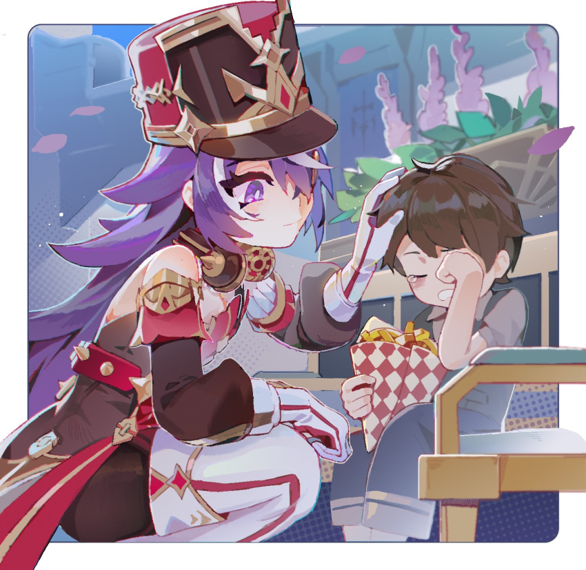 1boy, 1girl, banfenxuhuan899, bare_shoulders, black_dress, black_headwear, boots, bright_pupils