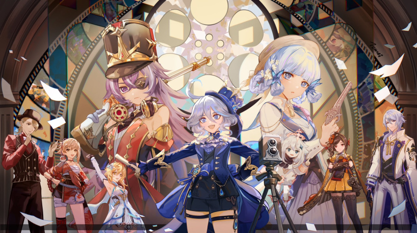 2boys, 6+girls, :d, ahoge, antique_firearm, arm_up, armpits, bandaged_leg