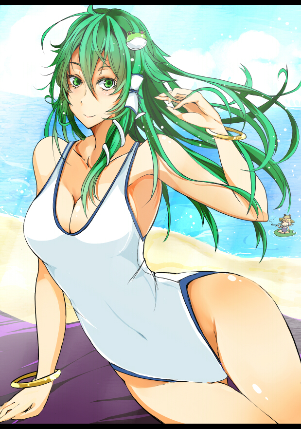 frog, green_eyes, green_hair, hat, kiseru, kochiya_sanae, lily_pad, long_hair