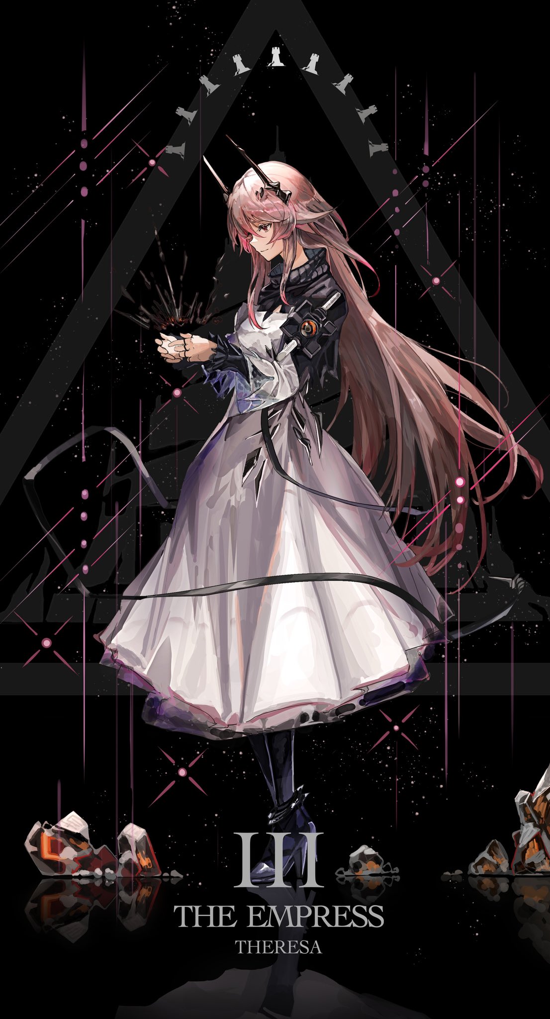1girl, arknights, character_name, character_request, dress, english_text, full_body, highres