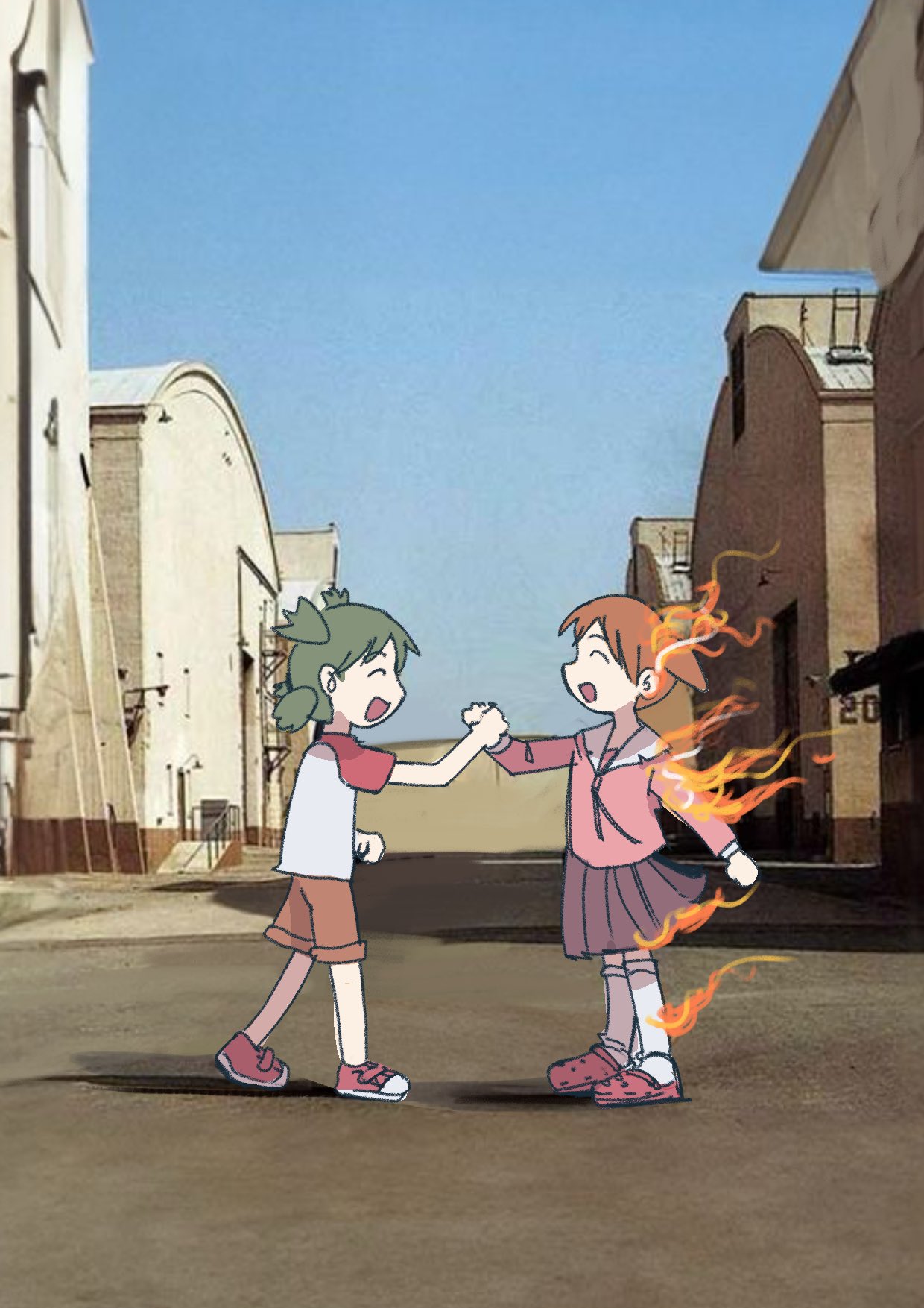 2girls, azumanga_daioh, brown_hair, brown_shorts, child, crossover, fire, full_body