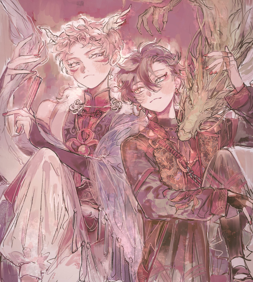 2boys, black_hair, blue_eyes, chinese_zodiac, dragon, dragon_boy, dragon_horns, dragon_tail, ensemble_stars!, facing_viewer, heterochromia, highres, horns, itsuki_shu, japanese_clothes, kagehira_mika, looking_at_another, multiple_boys, official_alternate_costume, ougonten_(ensemble_stars!), pink_hair, rokublue, short_bangs, short_hair, tail, valkyrie_(ensemble_stars!), violet_eyes, year_of_the_dragon, yellow_eyes