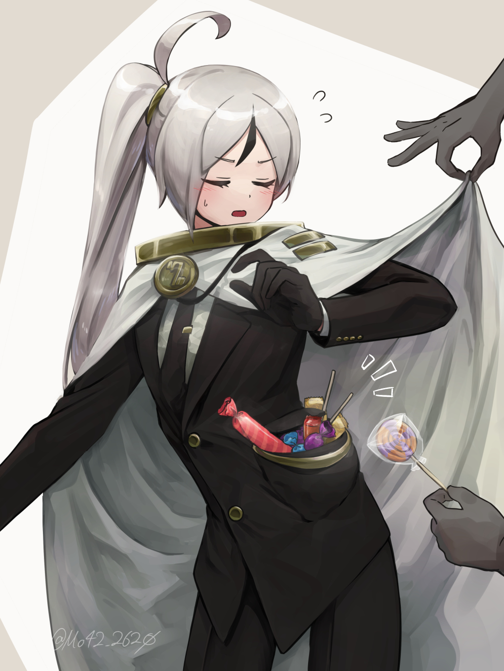 1boy, ahoge, black_jacket, black_necktie, black_pants, brooch, buttons, candy, cape, collared_shirt, cowboy_shot, food, gold_trim, hands_up, highres, jacket, jewelry, library_of_ruina, long_hair, long_sleeves, male_focus, moribe_denkou, necktie, pants, project_moon, shirt, side_ponytail, simple_background, solo, tie_clip, very_long_hair, white_background, white_cape, white_hair, white_shirt, yan_vismok