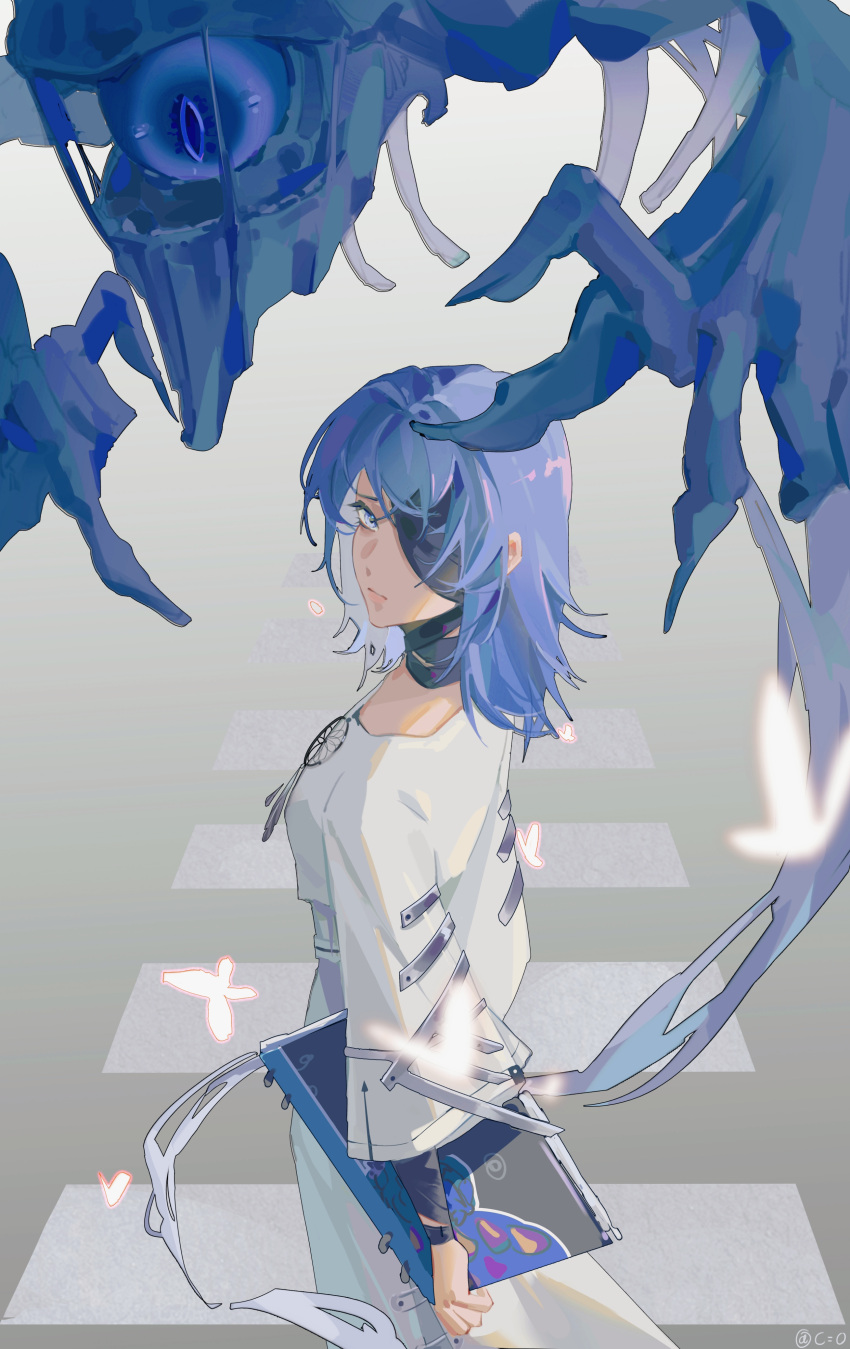 1girl, absurdres, artist_name, bandaged_arm, bandaged_neck, bandages, black_bandages, blue_eyes