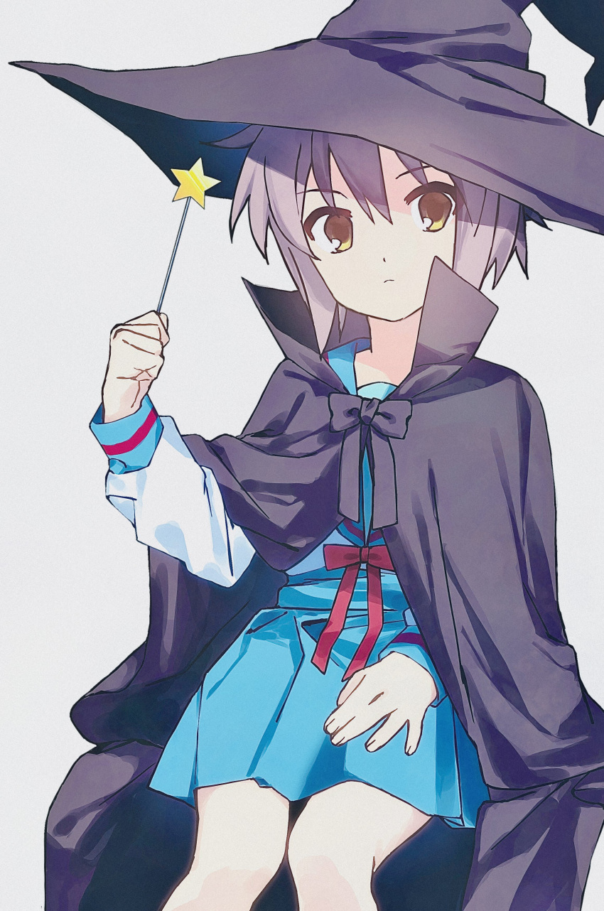 1girl, absurdres, black_cloak, blue_sailor_collar, blue_skirt, brown_eyes, cloak, closed_mouth, commentary_request, expressionless, hidadihida05, highres, holding, holding_wand, kita_high_school_uniform, long_sleeves, nagato_yuki, purple_hair, red_ribbon, ribbon, sailor_collar, school_uniform, serafuku, short_hair, simple_background, skirt, solo, star_wand, suzumiya_haruhi_no_yuuutsu, wand, white_background, winter_uniform