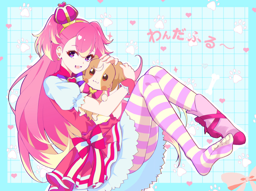 1girl, :d, animal, blue_background, blue_eyes, blush_stickers, bow, bow_earrings