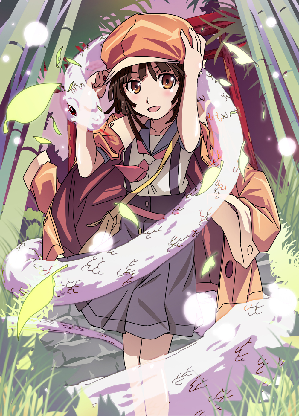 bakemonogatari, bamboo, bamboo_forest, cabbie_hat, forest, hand_on_hat, hat, highres, leaf, leizero, mishaguji, monogatari_(series), nature, school_uniform, sengoku_nadeko, snake, torii, white_snake