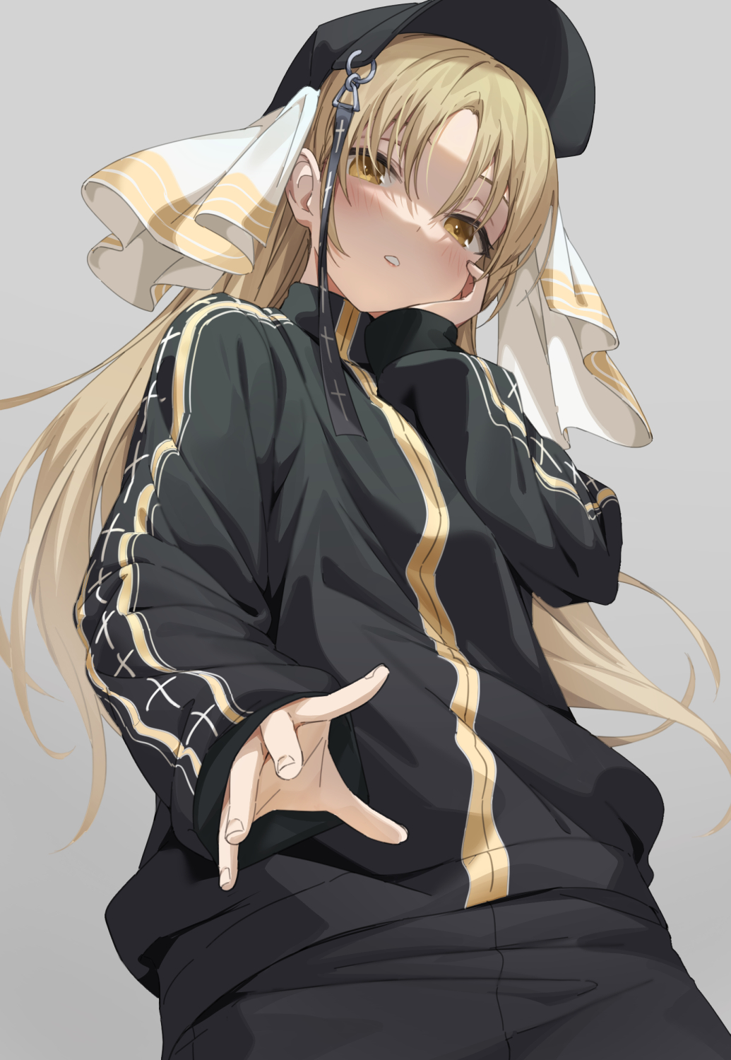 1girl, bandana, baseball_cap, black_headwear, black_jacket, blonde_hair, blush, cowboy_shot, dogma_(vocaloid), english_commentary, floating_hair, grey_background, hachinatsu, hand_on_own_face, hat, highres, jacket, long_hair, long_sleeves, looking_at_viewer, looking_up, nijisanji, official_alternate_costume, parted_bangs, parted_lips, reaching, reaching_towards_viewer, simple_background, sister_claire, skirt, sleeves_past_wrists, solo, track_jacket, virtual_youtuber, white_bandana, yellow_eyes