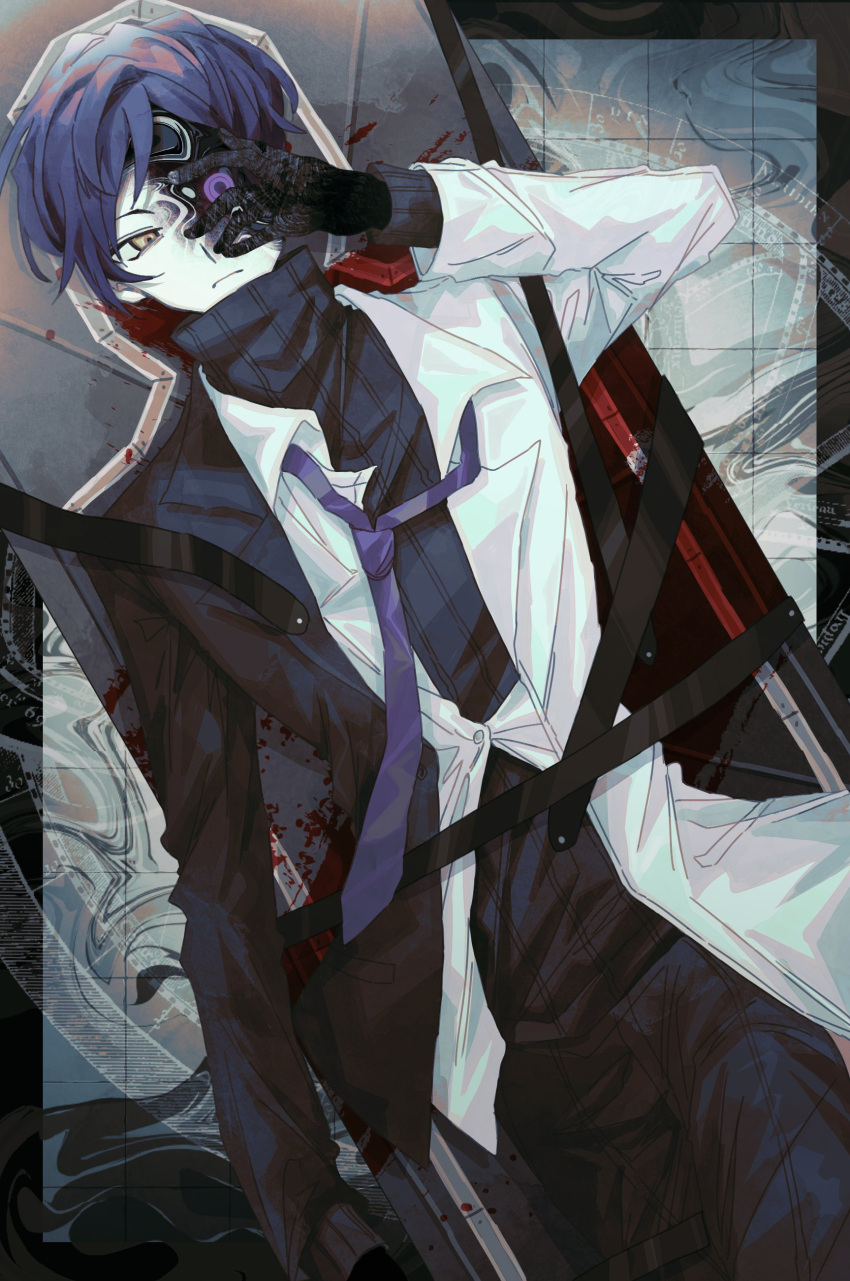 1boy, 7_yukizi, absurdres, arm_up, artificial_eye, black_gloves, black_jacket, black_pants