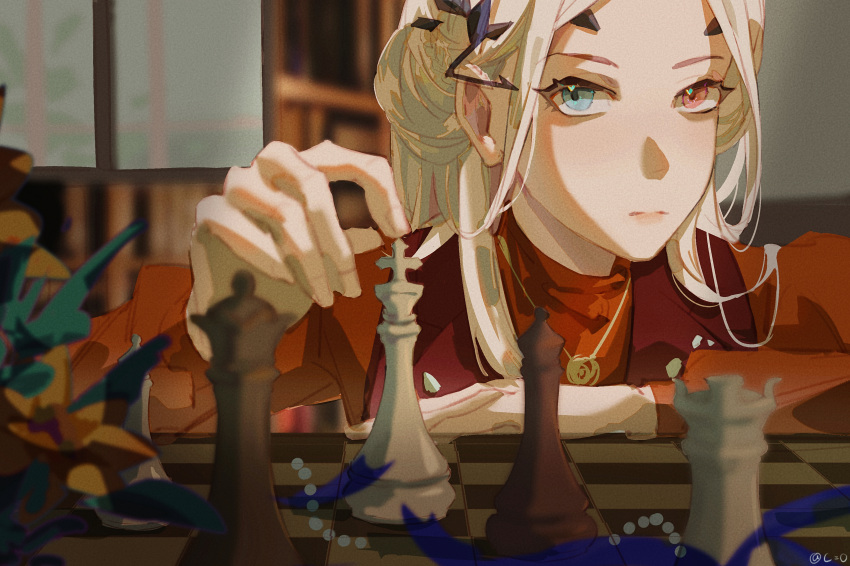 1girl, absurdres, aged_down, aqua_eyes, artist_name, bishop_(chess), blonde_hair, blurry, blurry_background, board_game, bookshelf, c=o, chess, chess_piece, chessboard, close-up, eirene_(path_to_nowhere), flower, gold_necklace, hair_ornament, half_updo, heterochromia, highres, indoors, jacket, jewelry, king_(chess), light_blush, lips, long_hair, looking_at_viewer, making-of_available, necklace, official_alternate_costume, parted_bangs, path_to_nowhere, playing_chess, queen_(chess), red_eyes, red_jacket, red_shirt, rook_(chess), shirt, solo, upper_body, window