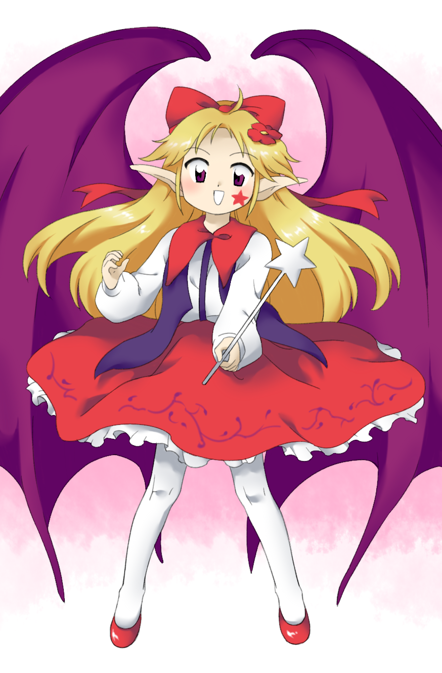 1girl, :d, bat_wings, blonde_hair, bow, elis_(touhou), facial_mark, flower, hair_bow, hair_flower, hair_ornament, highres, holding, holding_wand, long_hair, long_pointy_ears, long_sleeves, looking_at_viewer, nonamejd, official_style, pantyhose, pointy_ears, puffy_long_sleeves, puffy_sleeves, purple_wings, red_bow, red_flower, red_footwear, red_skirt, shoes, skirt, smile, solo, star_(symbol), star_facial_mark, star_wand, touhou, touhou_(pc-98), violet_eyes, wand, white_pantyhose, wings, zun_(style)