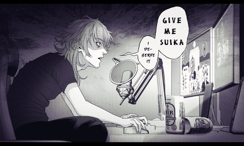 1boy, aura, bags_under_eyes, beer_can, black_pants, black_shirt, boom_microphone, can