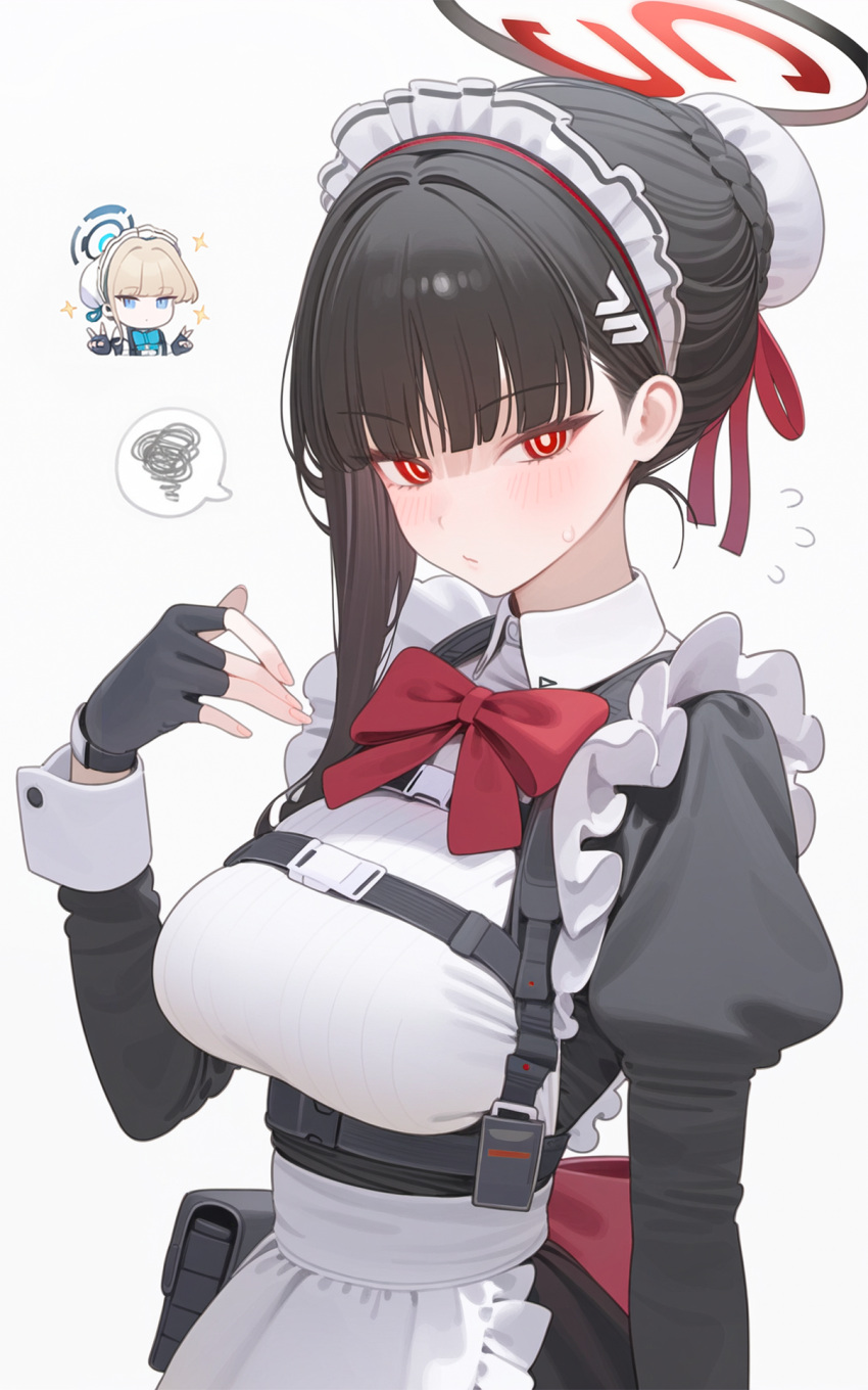 1girl, ai-generated, blue_archive, blush, breasts, cosplay, costume_switch, highres, maid, poki_(j0ch3fvj6nd), red_eyes, rio_(blue_archive), toki_(blue_archive)