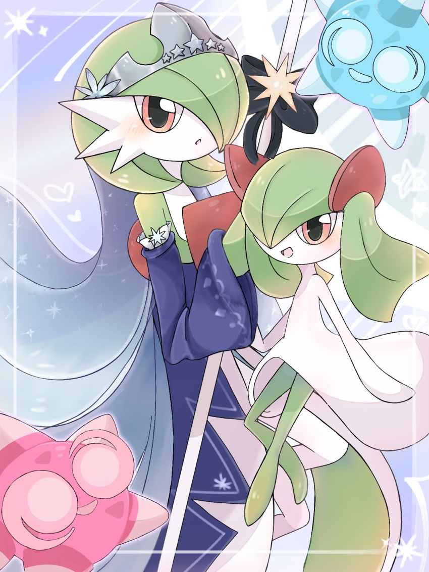 2girls, bare_shoulders, black_bow, blue_background, blue_eyes, blue_sleeves, blush, bob_cut