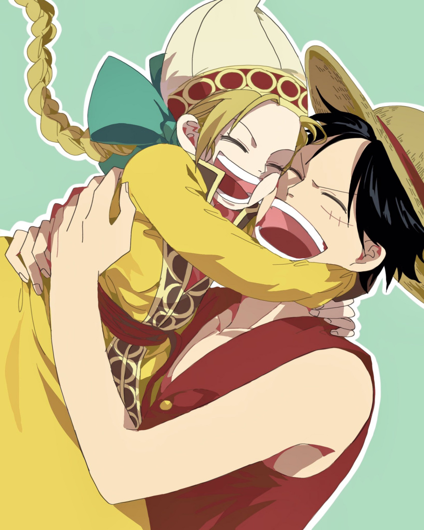 1boy, 1girl, ^_^, affectionate, apis_(one_piece), black_hair, braid, braided_ponytail