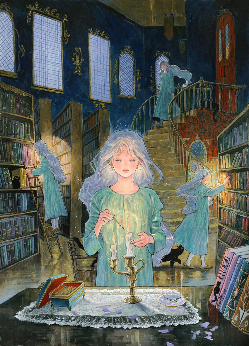 4girls, absurdres, animal, aqua_dress, black_cat, blue_hair, book, bookshelf