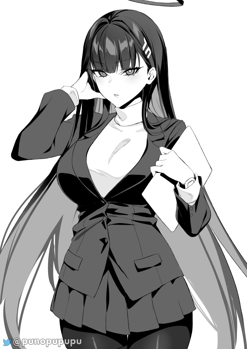 1girl, black_hair, black_pantyhose, blue_archive, business_suit, greyscale, highres, holding
