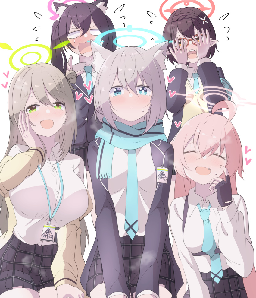 5girls, ahoge, animal_ear_fluff, animal_ears, aqua_necktie, ayane_(blue_archive), black_hair, blue_archive
