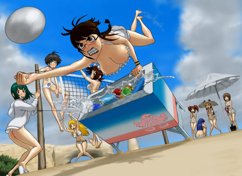 ahoge, akizuki_ritsuko, amami_haruka, antenna_hair, arms_up, ball, barefoot, beach, beach_umbrella, beach_volleyball, bikini, black_hair, blonde_hair, blue_eyes, braid, breasts, brown_eyes, brown_hair, butt_crack, cleavage, clenched_hand, clenched_teeth, cloud, clouds, down_blouse, falling, fist, glasses, green_hair, hagiwara_yukiho, halter_top, halterneck, hat, high_heels, hoodie, hoshii_miki, idolmaster, jumping, kikuchi_makoto, kisaragi_chihaya, large_breasts, long_hair, looking_back, minase_iori, mouth_hold, multiple_girls, navel, o-ring_top, open_mouth, otonashi_kotori, outstretched_arm, outstretched_hand, reaching, sand, shadow, shoes, short_hair, shorts, shovel, sitting, sky, spill, straw_hat, surprised, swimsuit, takatsuki_yayoi, teeth, twin_braids, twintails, volleyball, wata_do_chinkuru, wata_domingez, water, whistle, white_swimsuit, worktool, wristband