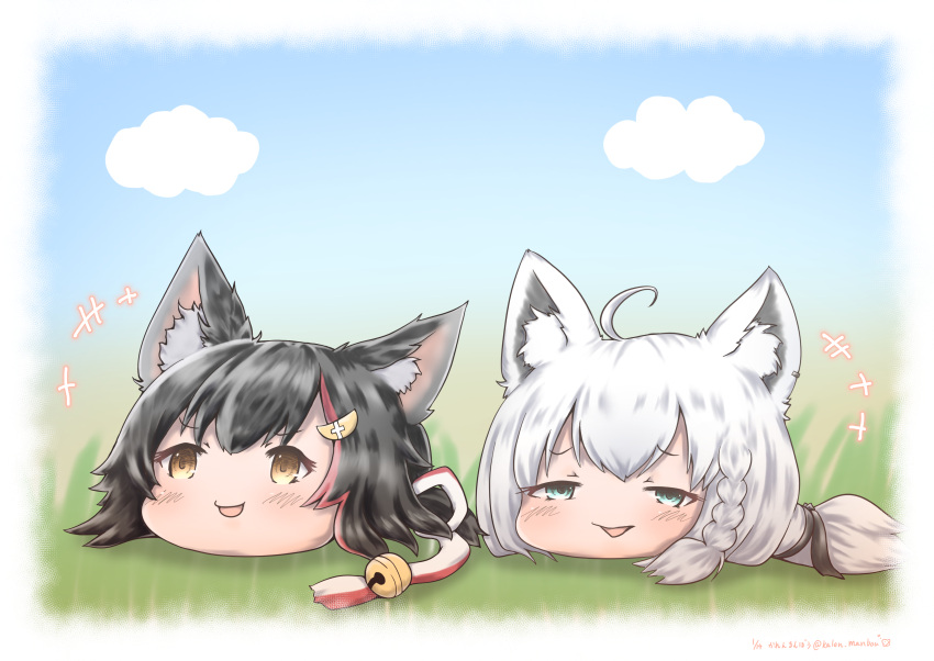 +++, absurdres, ahoge, animal_ears, black_hair, commentary_request, earrings, fox_ears