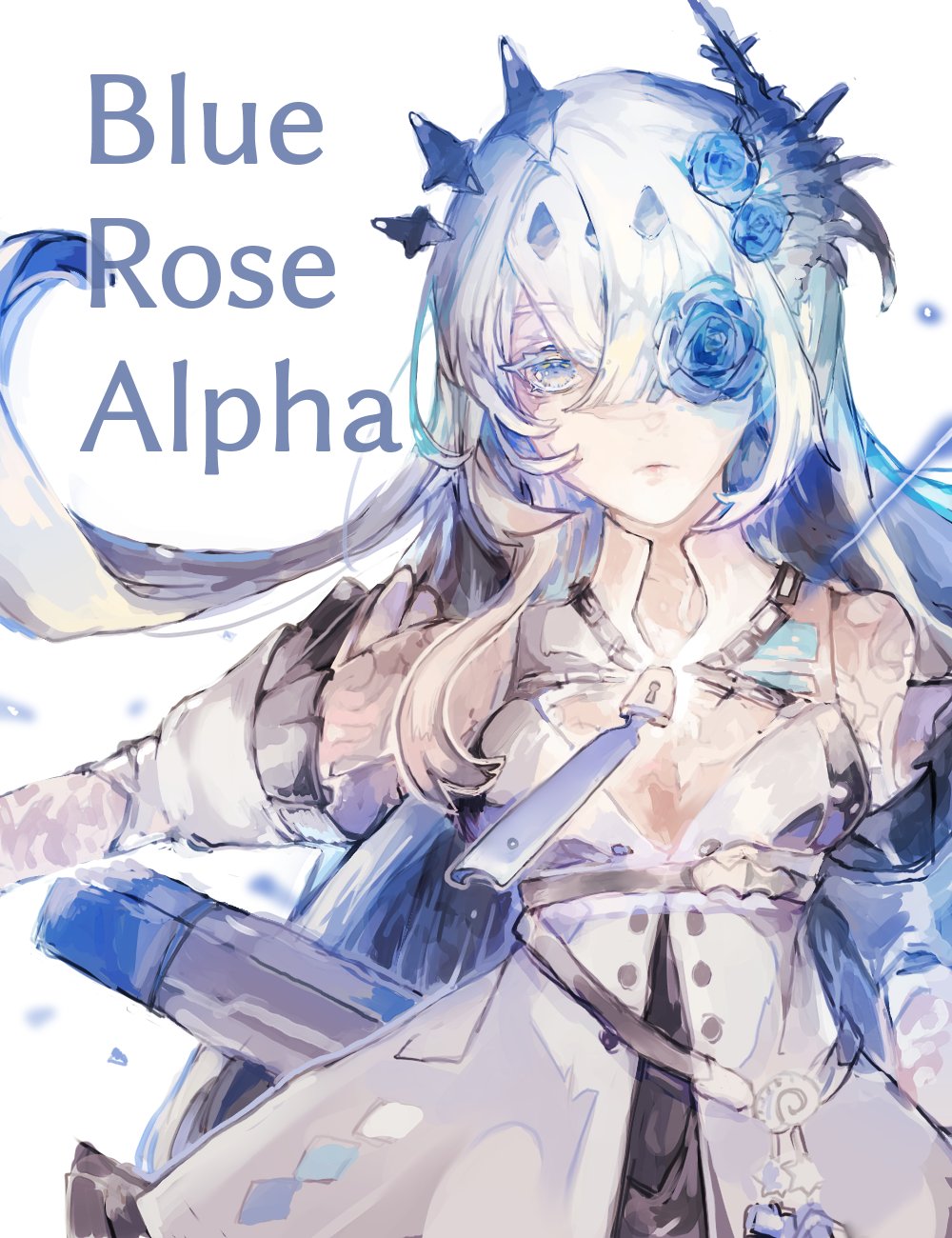 1girl, alpha_(punishing:_gray_raven), blue_eyes, blue_flower, blue_rose, blue_theme, chain, character_name