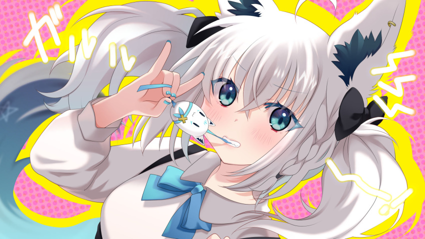 1girl, ahoge, animal_ear_fluff, animal_ears, black_bow, blue_nails, bow, braid