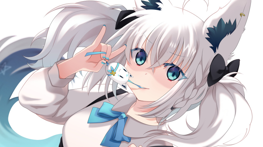 1girl, ahoge, animal_ear_fluff, animal_ears, black_bow, blue_nails, bow, braid