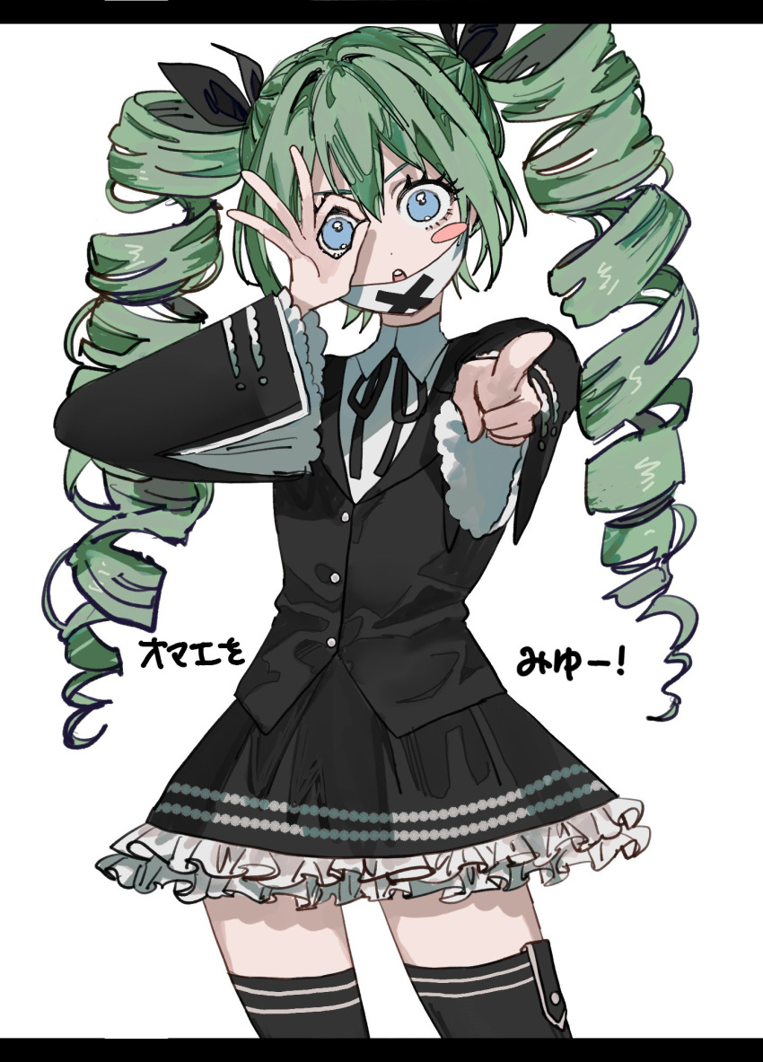 1girl, black_bow, black_ribbon, black_shirt, black_skirt, black_thighhighs, blue_eyes, blush_stickers