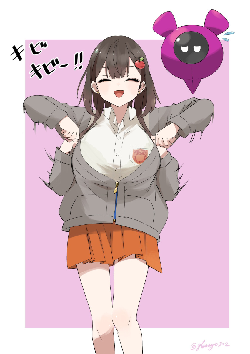 1girl, ^_^, absurdres, breasts, brown_hair, closed_eyes, collared_shirt, glassy0302