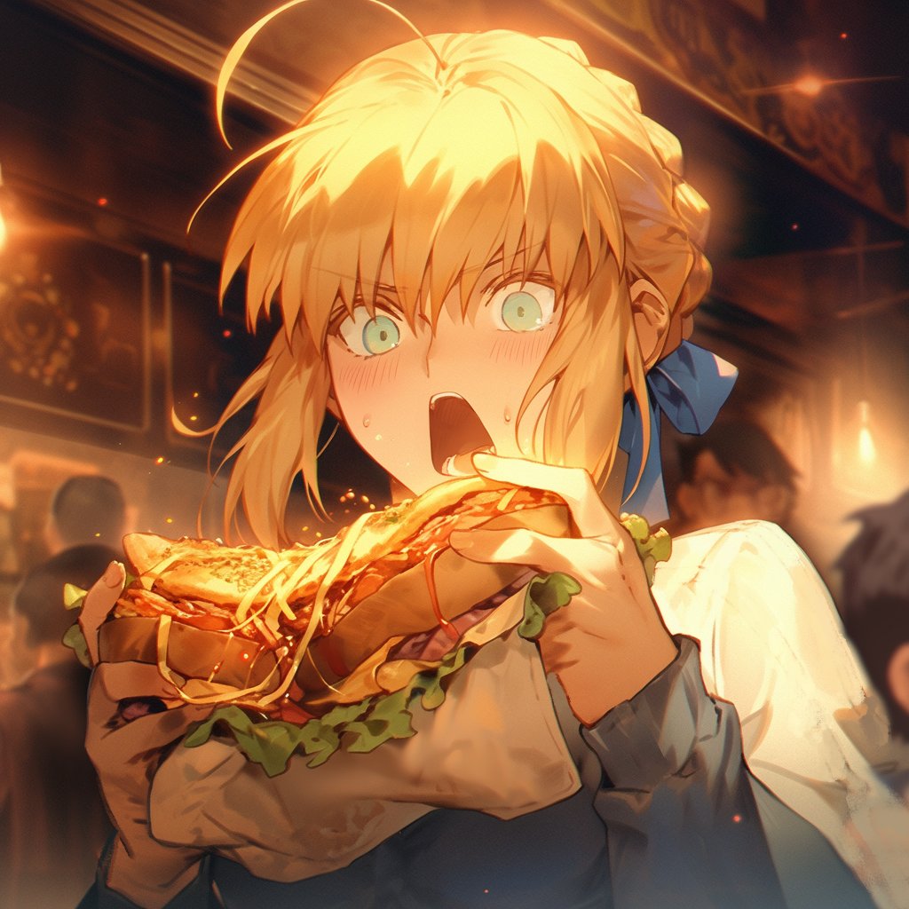 1girl, ai-generated, artoria_pendragon_(fate), blonde_hair, blue_ribbon, blue_shirt, bread, cheese