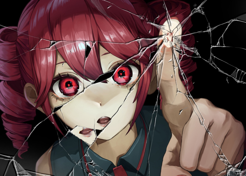 1girl, against_fourth_wall, against_glass, bare_shoulders, black_background, black_shirt, breaking, broken_glass, collared_shirt, crack, cracked_glass, drill_hair, fourth_wall, glass, hair_between_eyes, hand_on_glass, hand_up, highres, kasane_teto, open_mouth, poking, portrait, reaching, reaching_towards_viewer, rearea_7777, red_eyes, redhead, shirt, simple_background, sleeveless, solo, twin_drills, utau