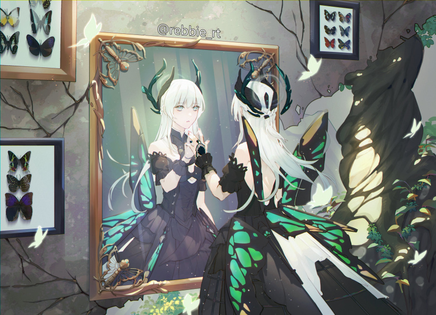 1girl, absurdres, backless_dress, backless_outfit, black_dress, black_feathers, black_sleeves, black_wings