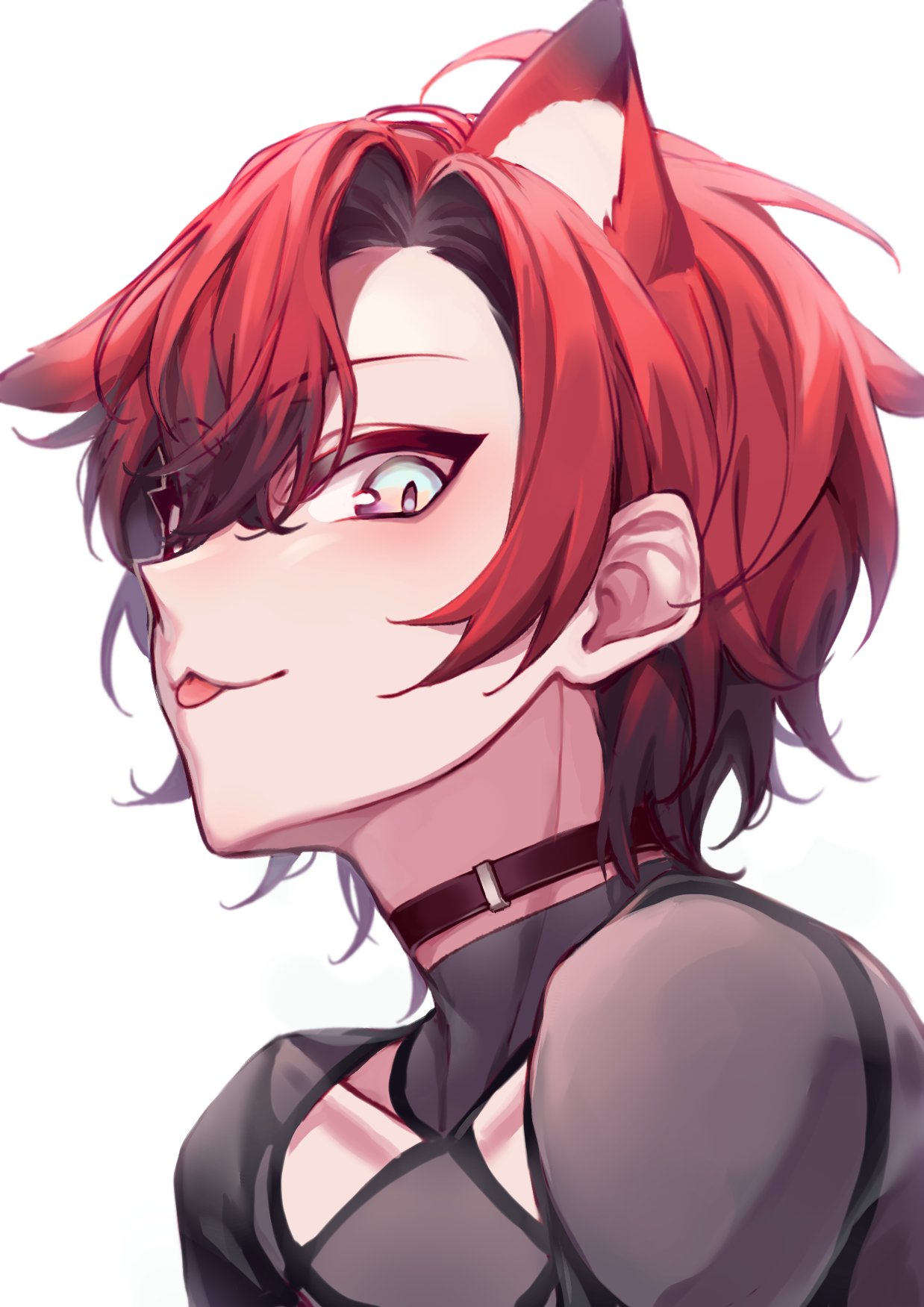 1boy, :3, animal_ears, black_choker, black_hair, cat_boy, cat_ears, choker