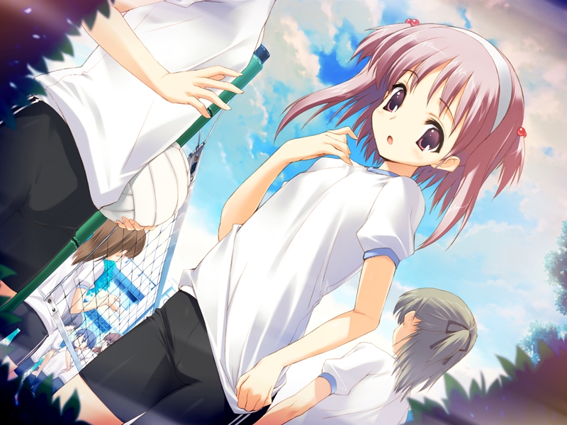 blush, double_vertical_stripe, flat_chest, game_cg, gym_uniform, hairband, kawata_hisashi, loli, nanako_(to_heart_2), purple_eyes, purple_hair, short_hair, spandex, to_heart_2, to_heart_2_ad