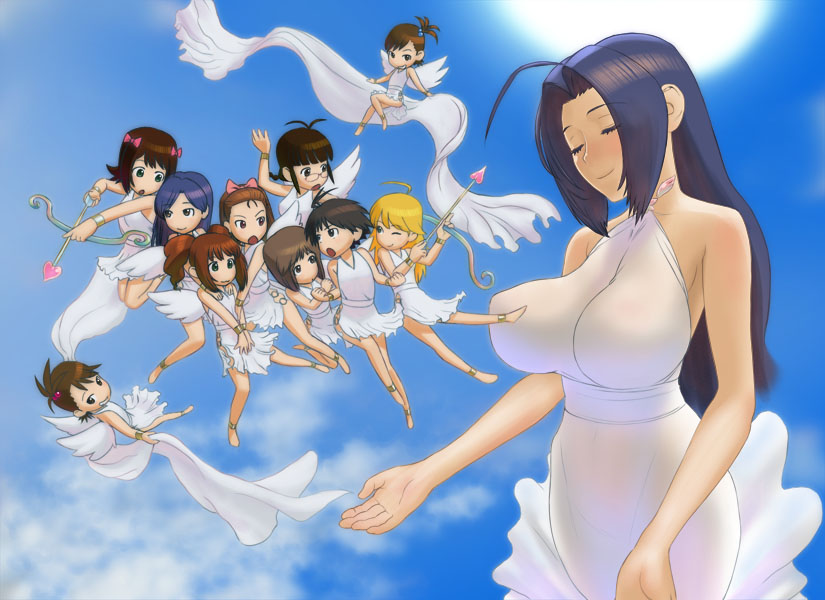 ahoge, akizuki_ritsuko, amami_haruka, angel, angel_wings, antenna_hair, arrow, bare_shoulders