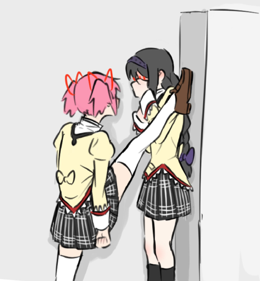 2girls, akemi_homura, black_hair, blush, commentary, covering_face, cult_of_yuri, foot_kabedon