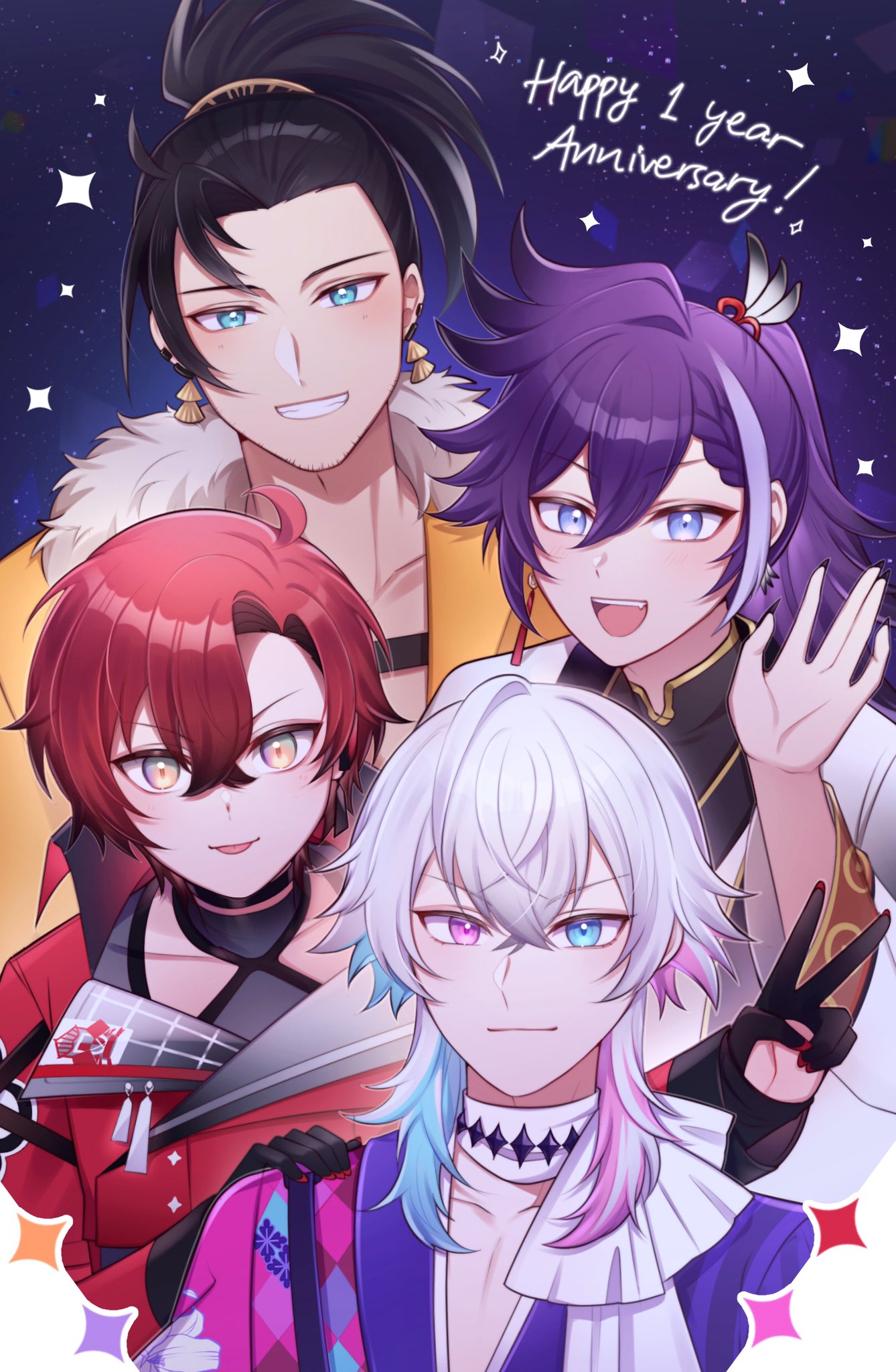 4boys, anniversary, aqua_eyes, banzoin_hakka, black_hair, blue_eyes, blue_hair, blush