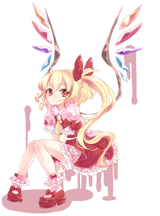 1girl, arms_between_legs, blonde_hair, bobby_socks, bow, closed_mouth, fang, fang_out