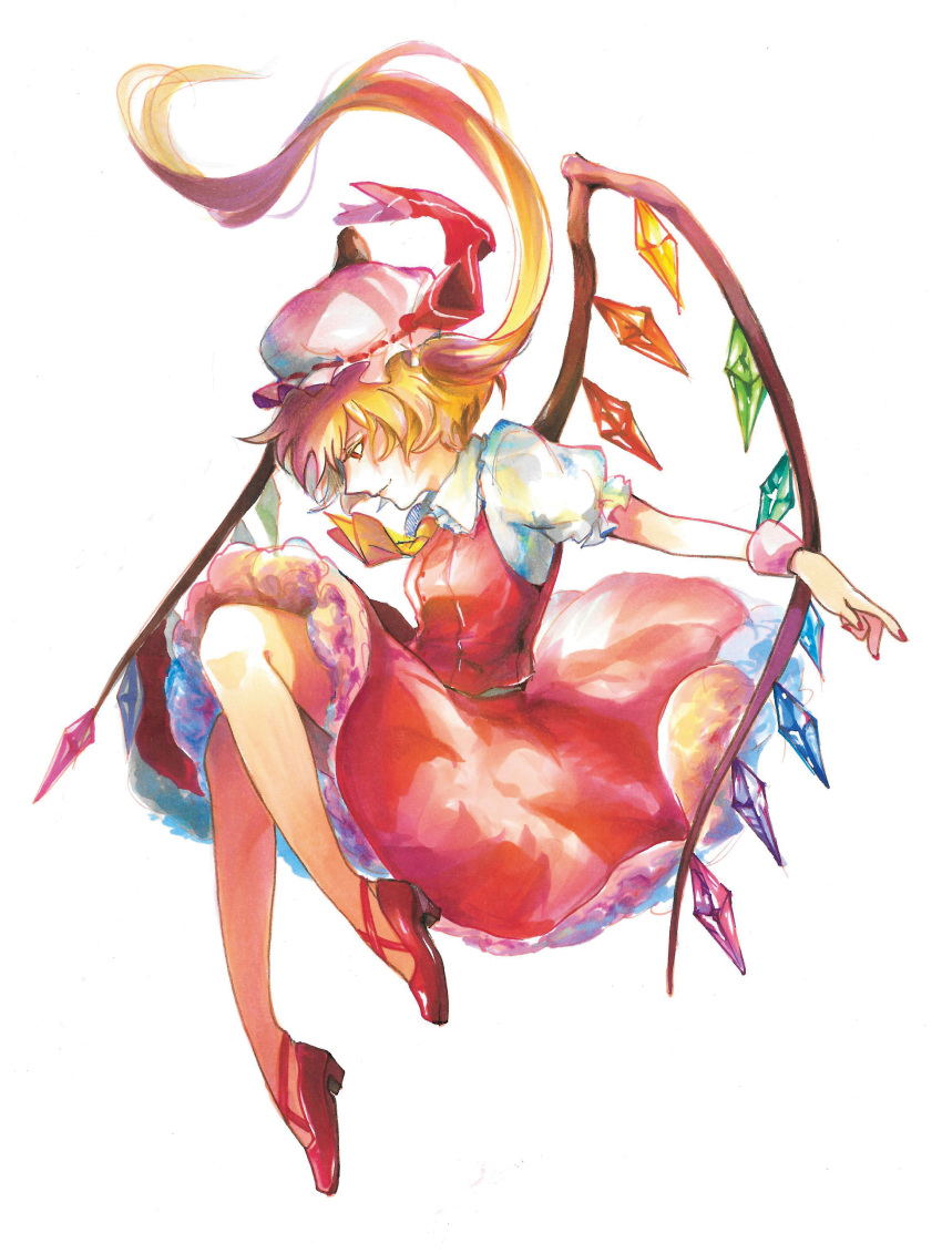 1girl, absurdres, ascot, breasts, closed_mouth, collared_shirt, crystal, flandre_scarlet