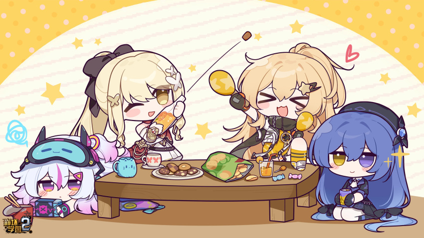 4girls, arkria_hroptr_(benghuai_xueyuan), benghuai_xueyuan, beret, blonde_hair, blue_hair, bow, chibi, copyright_name, food, gradient_hair, grey_hair, hair_bow, hair_ornament, hairclip, hat, highres, honkai_(series), karin_(benghuai_xueyuan), laniaitte_gordius_de_eumenes_(benghuai_xueyuan), multicolored_hair, multiple_girls, official_art, second-party_source, sitting, table, tiara_starlumos_(benghuai_xueyuan), violet_eyes