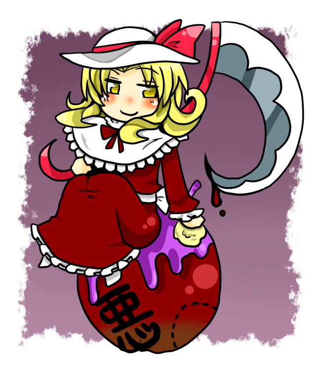 apple, blonde_hair, elly, food, fruit, hat, reio, ribbon