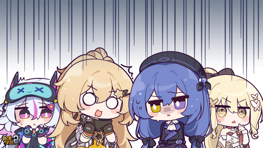 4girls, arkria_hroptr_(benghuai_xueyuan), benghuai_xueyuan, beret, blonde_hair, blue_hair, bow, chibi