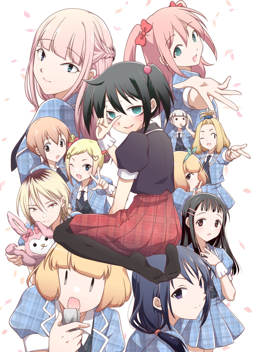 bags_under_eyes, black_hair, blonde_hair, blue_eyes, blush, breasts, brown_eyes, closed_mouth