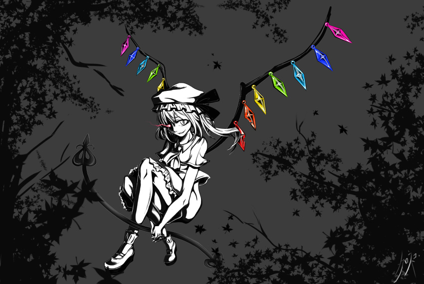1girl, ascot, collared_shirt, crystal, flandre_scarlet, frilled_skirt, frills, full_body